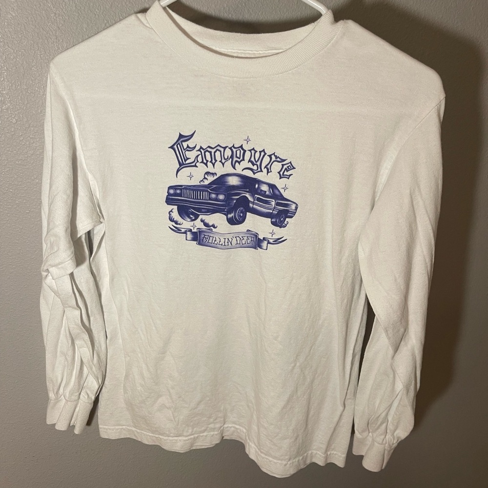 Empyre White Long Sleeve Tee with Blue Car Graphic